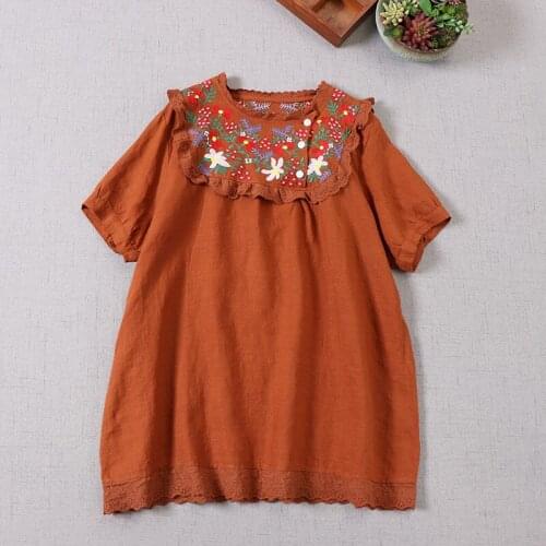 FairyNatural Women Romantic Flowers Embroidery Tops Short Sleeve Linen Vintage Shirt And Tops Mori Girl 2021 Summer