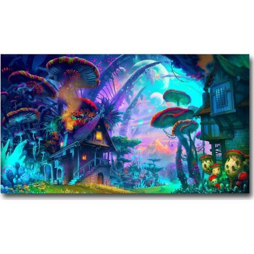 Mushrooms House - Psychedelic Trippy Art Silk Canvas Poster Print 13x24 24x43 Inch Abstract Wall Home Decor -018