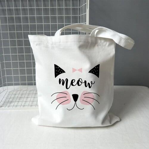 Cute Meow Cat Canvas Shopping Bag Women Large Capacity Storage Handbag Shoulder Tote Fashion Shopper Reusable Student Bookbag