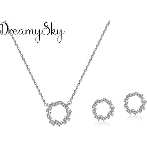 New Arrivals Wedding Bridal Jewelry Sets Silver Color Rhinestone Circle Necklaces Crystal Round Earrings for Women