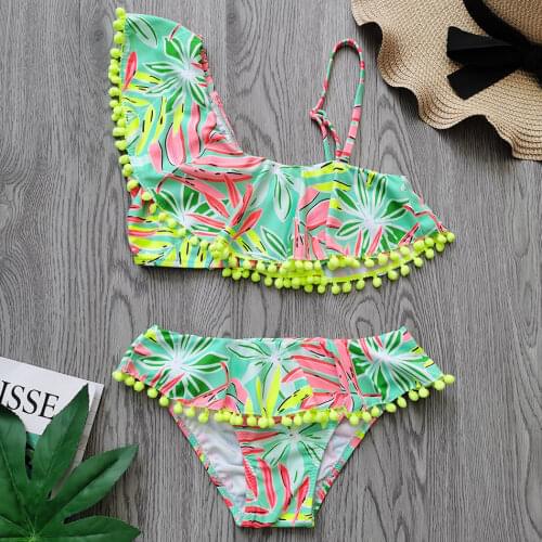 One Shoulder Girl Swimsuit Kids Pom Pom Girl Bikini Set 5-12 Years Two Piece Childrens Swimwear Falbala Girls Bathing Suit 2021