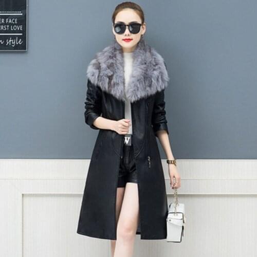 Large Fur Collar Leather Jacket Thick Plus Velvet PU Women Jacket Winter Fashion Slim Medium-length Women Leather Jacket JK293