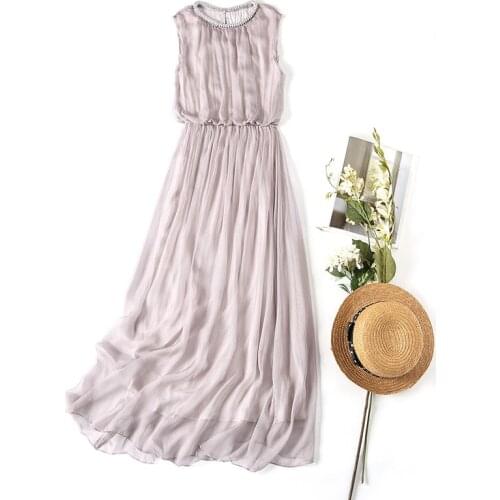 Summer Dresses for Women Party 2021 100% Silk Beach Dress Female White Maxi Dress Elegant Sleeveless Robe Femme Pph4938