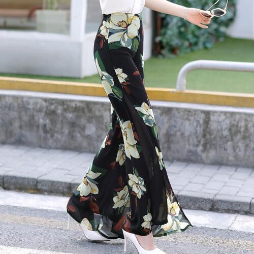 Summer Women Wide Leg High Waist Long Pants Female Thin Chiffon Vacation Beach Outside Split Floral Print Flared Trousers 3XL