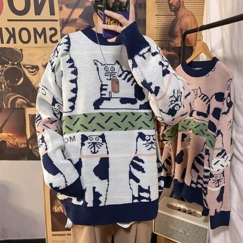 Kawaii Japanese Style Cats Cartoon Sweater Female Long Lantern Sleeve Autumn Winter Thick Warm Pullovers Women Harajuku Knitwear