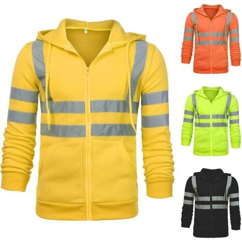 Men Stripe Patchwork Hooded Sweatshirt Jumper Tops Railway Work Jacket Outwear New Reflective Tape Safety Security Work Coats