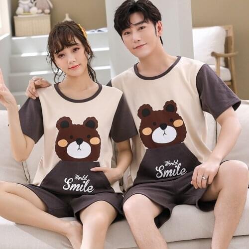 Couple Nightwear Suit Summer Sweet Cute Short Sleeve Pajamas Heart Pattern Homewear Men Plus Size M-3XL Cotton Pijamas Mujer
