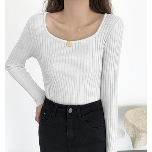 Solid Square Collar Sweater Women Pullover Slim Long Sleeve Top Jumper 2021 Autumn Ladies Sweaters Soft Knitted Sueters De Mujer