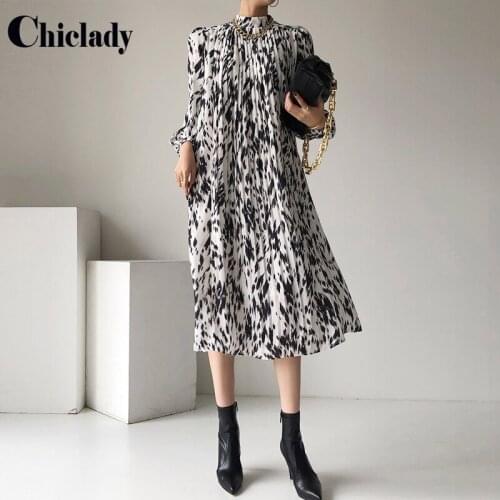 CHICLADY Spring New Stand Collar Women Full Sleeve Dress Elegant Hit Color Female Lace-up Leopard Printed Midi Dress Vestidos