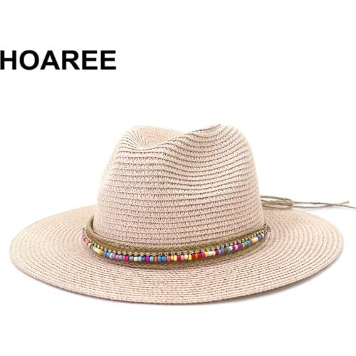 Pink Panama Hat Womens Sun Hat Straw Beach Fedora Summer Hat Wide Brim Sombreros