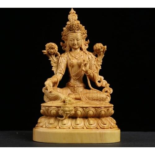 Boxwood 12cm Bodhisattva Tara Green Sculpture Tibetan Buddha Wood Statue Worships Home Decor