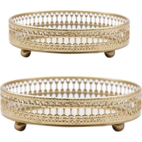 SHGO HOT-Golden Iron Jewelry Storage Tray Glass Mirror Makeup Manager Desktop Cosmetic Dessert Decorative Display Tray