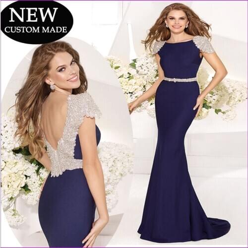 Modest Taril Ediz Royal Blue Evening Dresses With Cap Sleeves Crystal V-Back Side Slit Chiffon EV-117