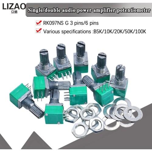 10PCS B5K B10K B50K B20K B100K RK097G Audio Amplifier Sealed Dual Potentiometer 15mm Shaft 6pins WAVGAT