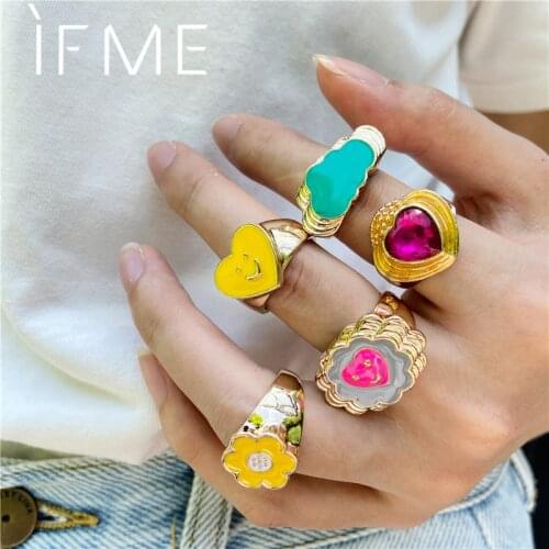 IF ME Ins Aesthetic Colorful Chunky Funky Hyperbole Metal Enamel Finger Rings for Women Girl Oil Drip Heart Flower Rings Jewelry