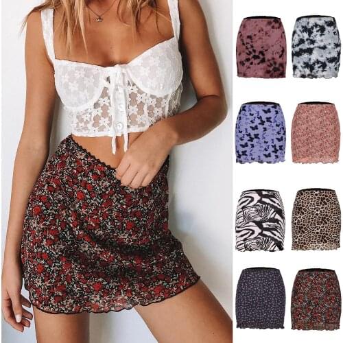 Women Fashion Mini Skirts High Waist Floral/ Stripe Printing Mesh Lace Patchwork Slim Wild Casual Bodycon Pencil Skirts