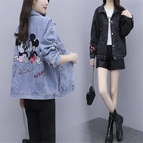 Disney Minnie Mickey Mouse Autumn Womens Denim Cropped Jacket Female Pockets Hole Jean Jackets 2021 Fashion Button Casual Coats