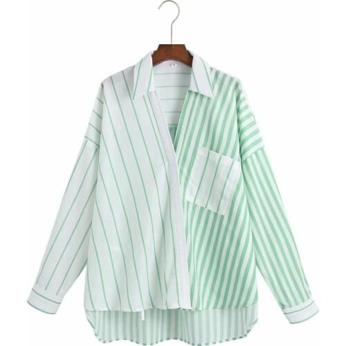 Spring Autumn Womens Stitching Striped Loose Front Short Back Long Irregular Long Sleeve Shirt