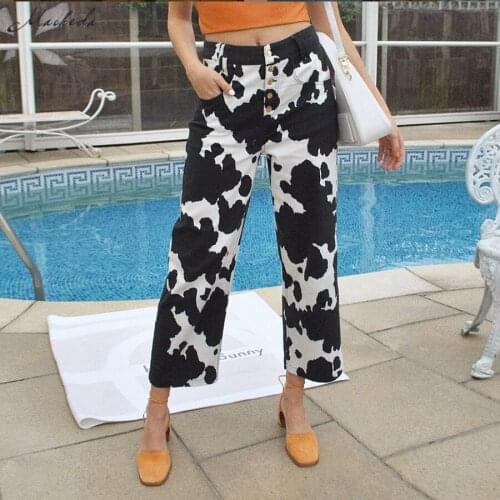 Macheda Autumn Fashion Black White Printing Trousers Women High Waist Casual Straight Pants 2YK Lady Streetwear Clothing 2020