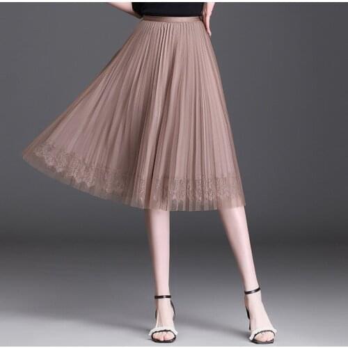 Womens Mid-length Mesh Skirts Female Half-length Skirt Summer 2021 New Mesh Pleated Skirt Reversible for Young Women BSQ436