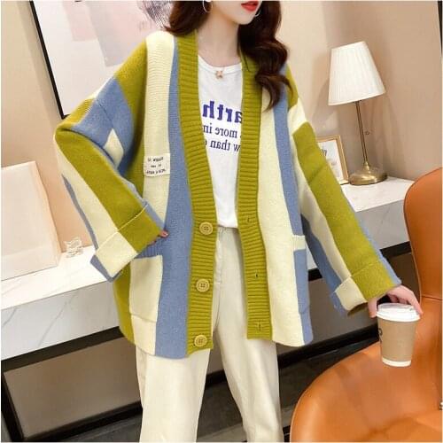2020 Women Long Sweater Coat Vneck Oversized Cardigans Patchwork Sweater Casual Striped Chic Street Knit Poncho korean Tops