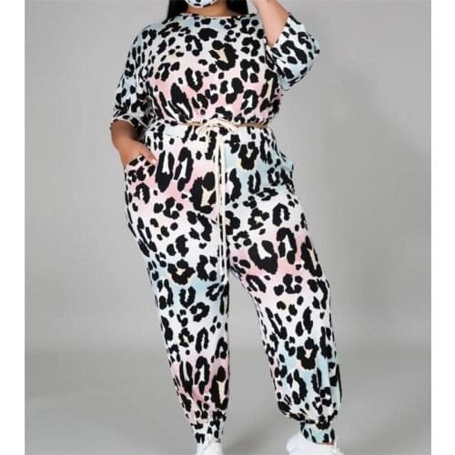 Women Plus Size Tracksuit Clothes Set Leopard Printed 2 Pieces Long Sleeve Lady Spring Autumn Clothes Outfits Set Tops+Pants 3XL