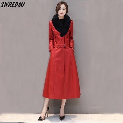 SWREDMI Real Fur Collar Leather Coat Women Autumn And Winter Thickening Warm Clothing Outerwear X-Long Autumn Leather Jackets