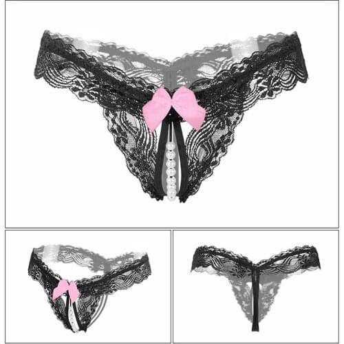 Female Underwear Lace Seamless Thongs open croth Pants Sexy Pearl massage G-String for Women Crotchless Breathable Summer panty