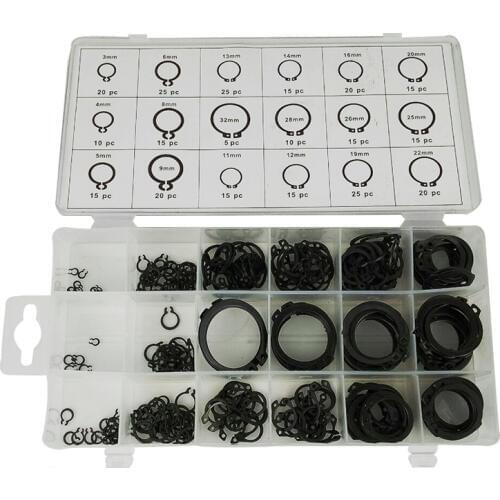 1 Set of 300Pcs Metal C-Clip E-ring Shaft Retaining Rings Assortment Kit with Box E Clips Fastener Set Black
