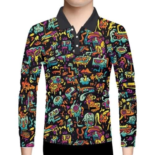 OGKB EU Size 3D Color Graffiti Printed Long Sleeve Polo Shirt Homme Mens Shirt Polos Summer Casual T Shirt Streetwear Oversized