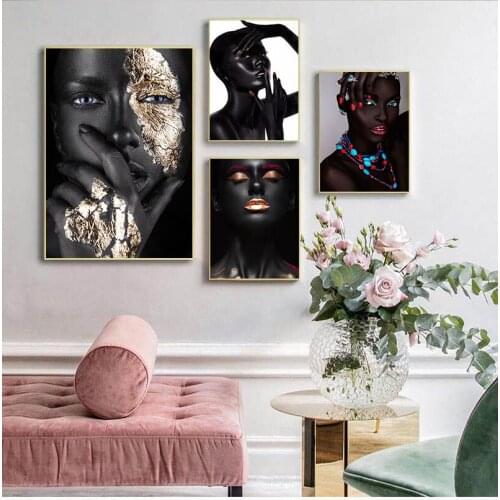 Black and Gold African Woman Indian Oil Painting on Canvas Posters and Prints Scandinavian Wall Art Picture for Living Room