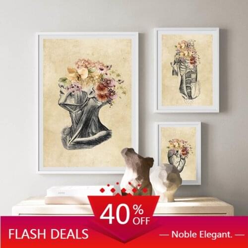 Canvas Painting Medical Head Skeleton Flower Anatomy Vintage Wall Art Nordic Posters And Prints Wall Pictures Clinic Home Decor