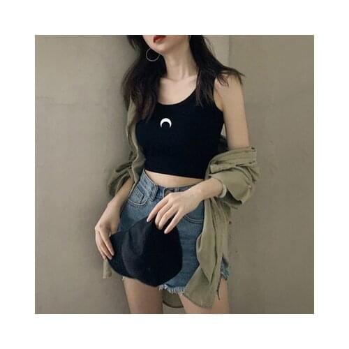 New Summer Harajuku Black Moon Printing Top Streetwear Fashion Sexy Dew Navel Vest Kawaii Cool Girl 9 Colors