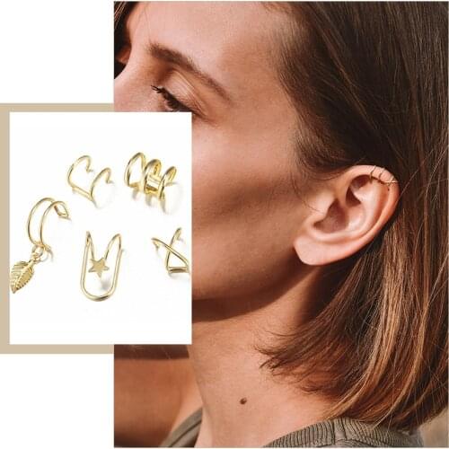 Fashion 5Pcs/Set Gold Tone Ear Cuffs Leaf Star Intersect Clip Earrings for Women, No Piercing Fake Cartilage Earring Accessory