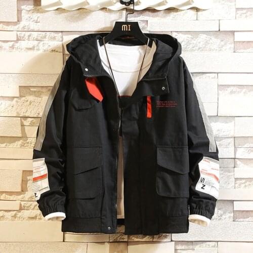 Men Casual Jacket Overalls Hooded Black Windbreak Letter Print Rib Sleeve Men Clothes Spring Coats College Jacket Young