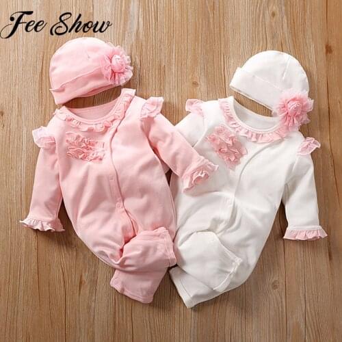 Spring Baby Girl Clothes Outfit Newborn Girls Cotton Princess Style Floral Ruffle Rompers+Flower Hats Baby Sets Infant Jumpsuit