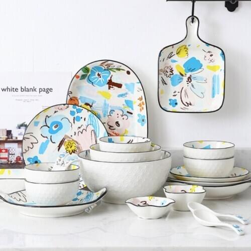 Cartoon Dinner Plate Set Ceramic Kitchen Plate Breakfast Tableware Set Food Dishes Rice Salad Noodles Bowl Soup Kitchen Tool