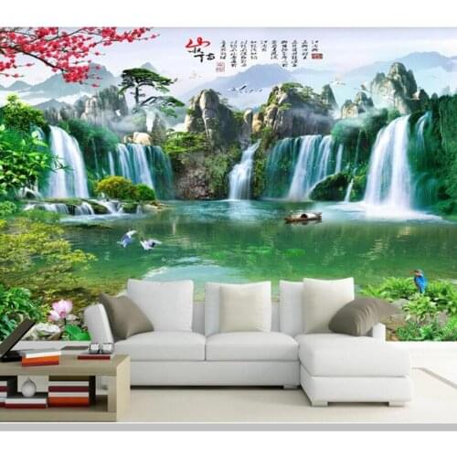 Papel de parede Chinese style mountain waterfall lake landscape 3d wallpaper mural,living room bedroom wall papers home decor