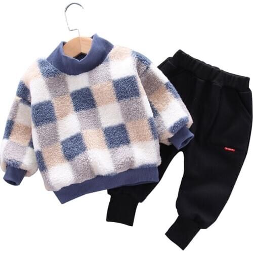 Baby clothes winter plaid lamb velvet sweater suits for baby boys and girls boys thick and warm fashion cotton sweater suits