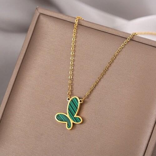 In 2021 Green Butterfly Stainless Steel Pendant Necklace Gold Fashion Necklace Women Malachite Stone Charm Collar Jewelry