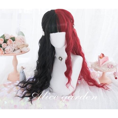 Harajuku Lolita 68CM Half Black Mixed Red Curly Long Synthetic Hair Cosplay Costume Wigs Halloween Party Wigs + Free Wig Cap
