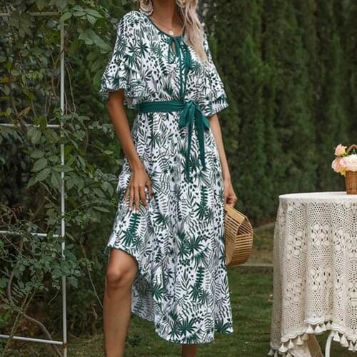 Ruffle Half Sleeve Women Dress Plant Leaf Print Thin V Neck Lace-Up Large Hem Midi Dress Streetwear