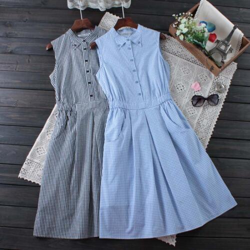 Japanese Summer Sweet Dress Women Plaid Button Mid Calf Slim Waist Sleeveless Plaid Female Vestido Casual Dress Mori Girl C112
