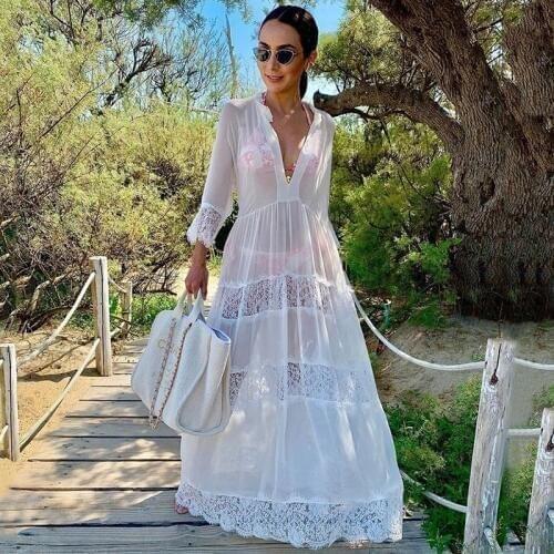 Beach Coverups for Women Beachdress White Summer Dress Mesh Maxi Beachwear Lace Cover Up Bikini Swimwear Long Chiffon Dresses