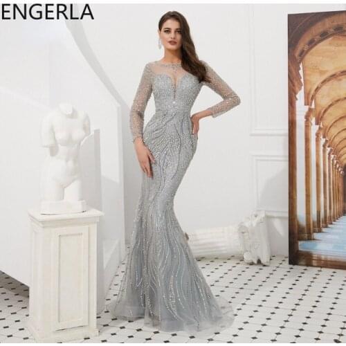 Luxury Long Sleeve Evening Dresses 2021 Elegant Beaded Crystals Mermaid Sparkly Grey Formal Evening Gowns
