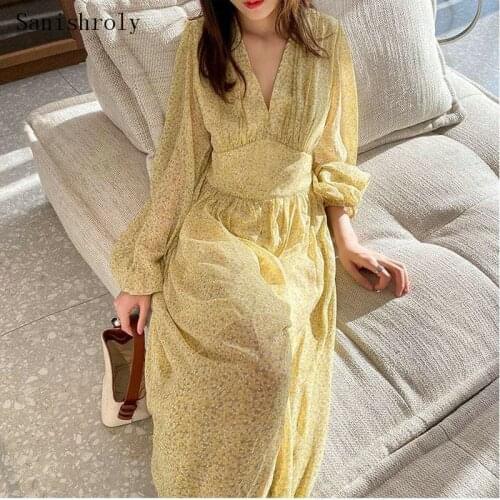 Rose Flower Print Dress Women Vintage High Waist V Neck Chiffon Maxi Dress Lady Long Sleeve Long Large Hem Seaside Party Dresses
