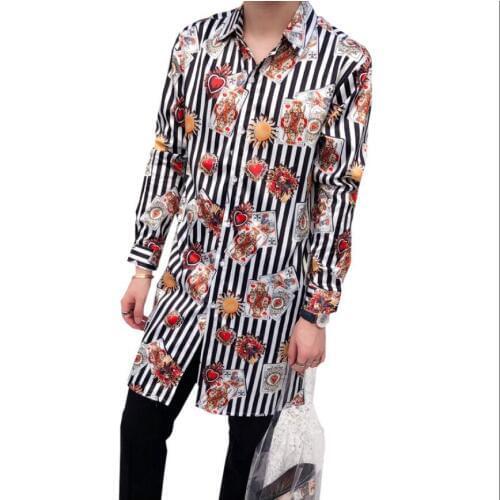 M-3xl 2021 New Fashion Striped Poker Print Long Shirt Men Youth Korean Trendy Slim Long Sleeve Shirt Hairstylist Singer Clothing