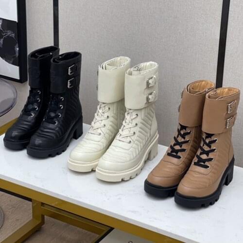 Double Buckle Woman Boots Genuine Leather Zapatos De Mujer Thick Bottom Solid Shoes Women Lace Up Women Shoes Ladies Shoes