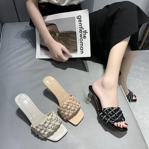Transparent Heels Summer Women Slippers Weave Metal Decration Stiletto Sandals Female Shoes High Heels Casual Slipper Home