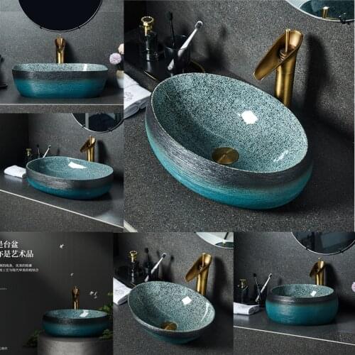Retro Art Above Counter Basin Oval Ceramic Wash Basin Single Basin Household Antique Shampoo Sinks Washbasin Countertop Sinks
